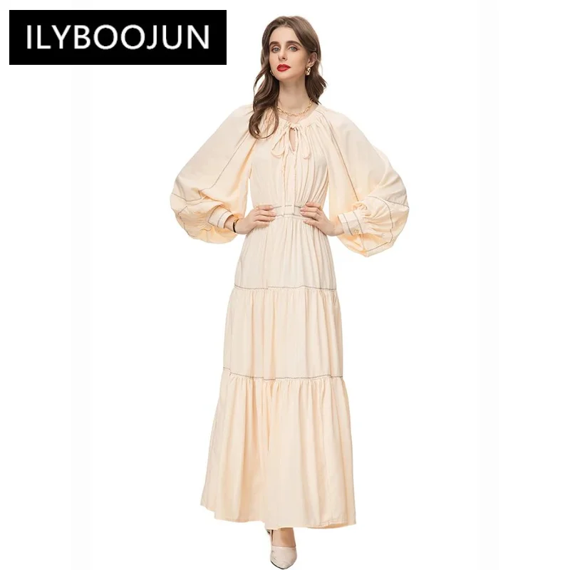 

Ilyboojun Autumn And Winter Vintage Runway Dress Women's Splice Long Sleeve High Waist Pleating Party Long Dress