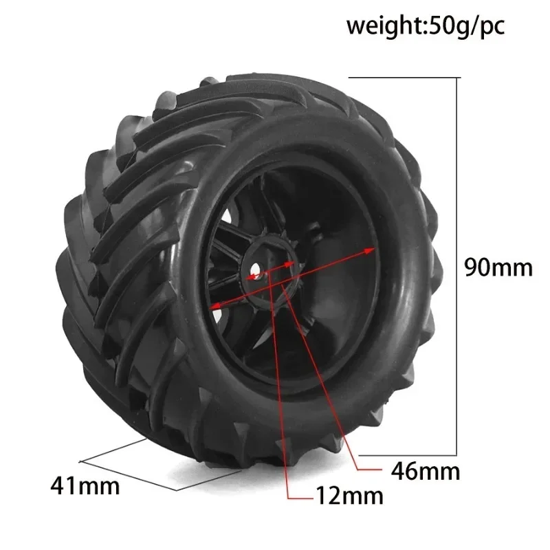 4pcs 90mm Monster Truck Buggy Tires Wheel 12mm Hex for Trxs E-Revo MJX 16207 16208 SCY 16101 HBX 1/16 RC Car Upgrade Parts