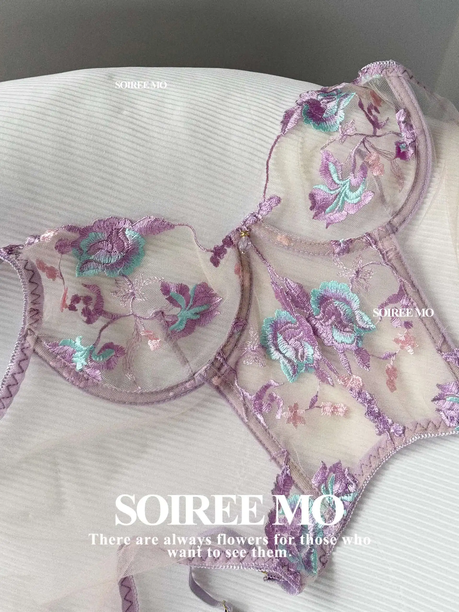 

Mermaid Princess Pearl Embroidery Bra Sheer Mesh Exquisite Sexy Lingerie