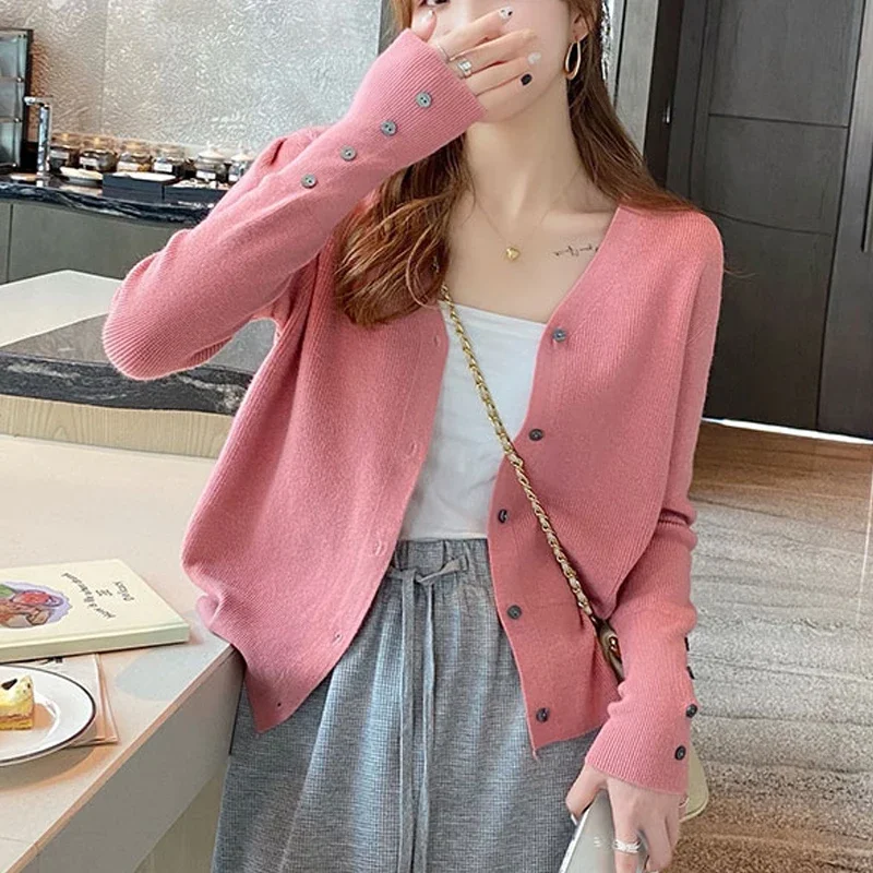 

Sweet V-neck Knitted Cardigan Jacket Elegant Office Lady Bottom Sweater Spring and Autumn New Thin Knitted Tops for Women 31202