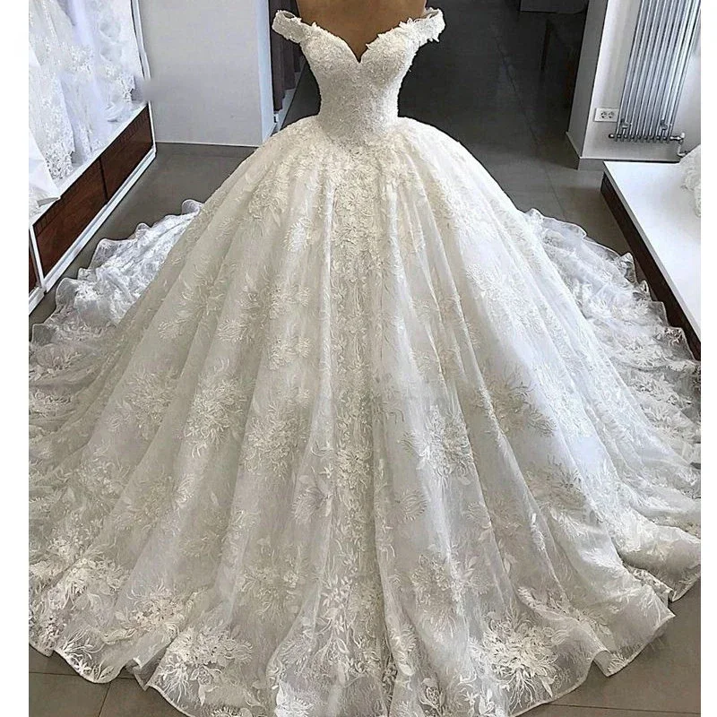 

Customized Sweetheart Full Appliques Wedding Dress Sweep Train Vestido De Novia Off The Shoulder Puffy Bridal Gown