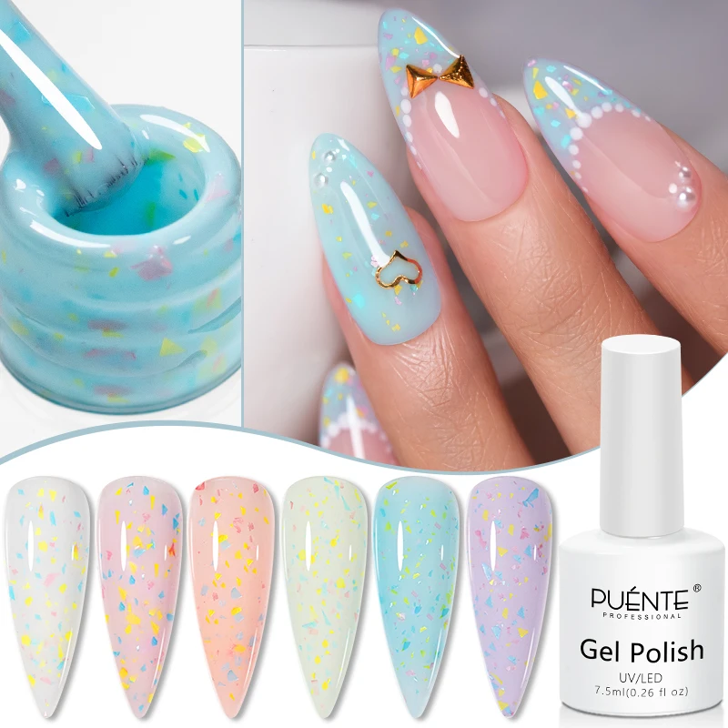 

PUENTE 7.5ml Colorful Sugar Rubber Base Gel Nail Polish Candy Colors With Glitter Sequins Nail Gel Soak Off UV Nail Art Varnish