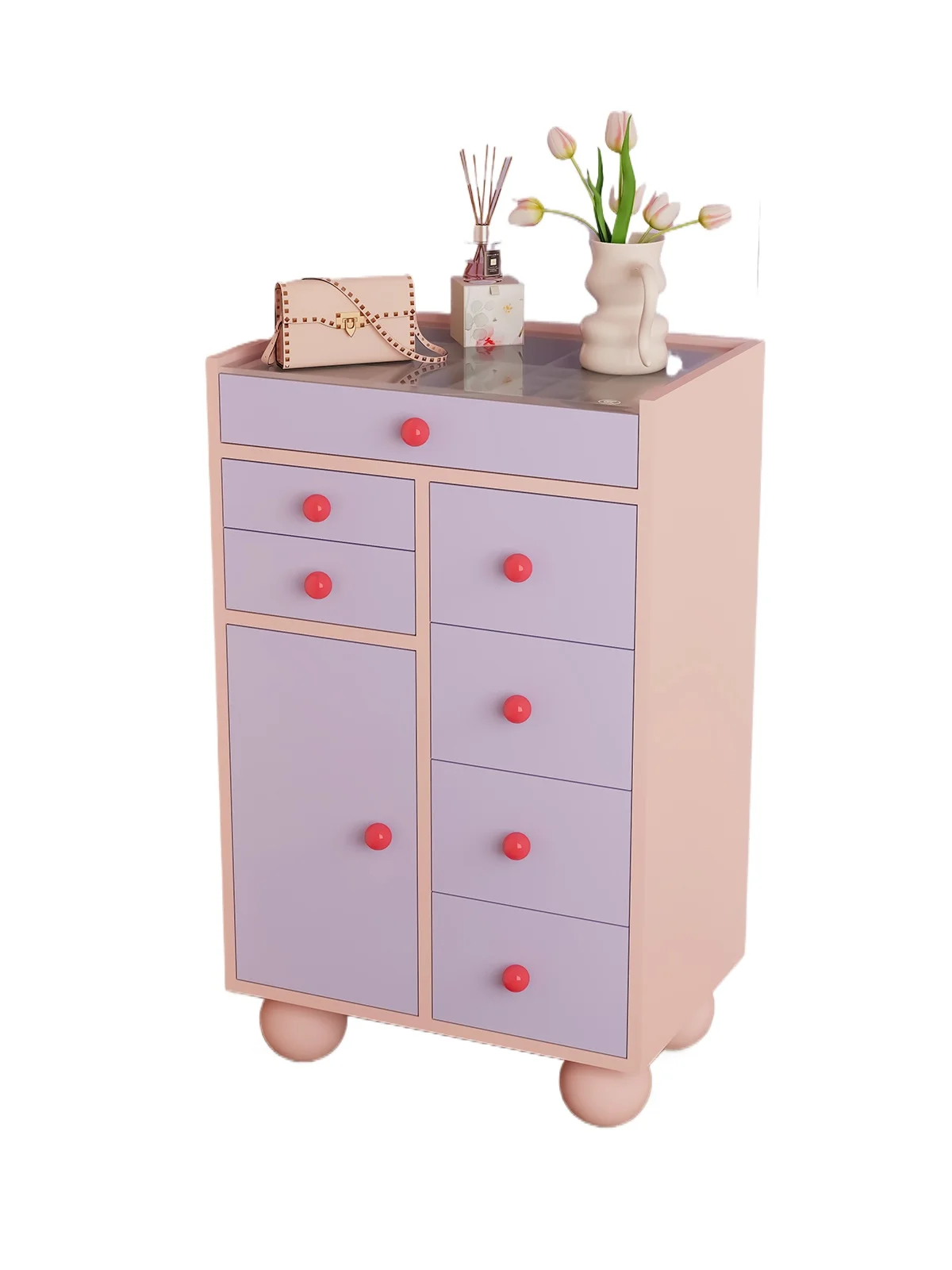 

Bedroom pink jewelry storage cabinet dopamine bucket cabinet glass countertop French living room home display cabinet