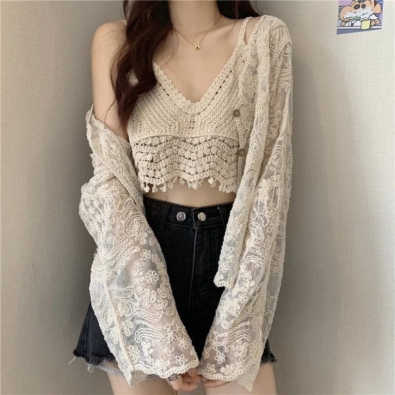 Boring Honey V-Neck Hollow Out Summer Clothes For Women Retro Solid Colors Tank Top Women Edible Tree Fungus Short Corset Tops