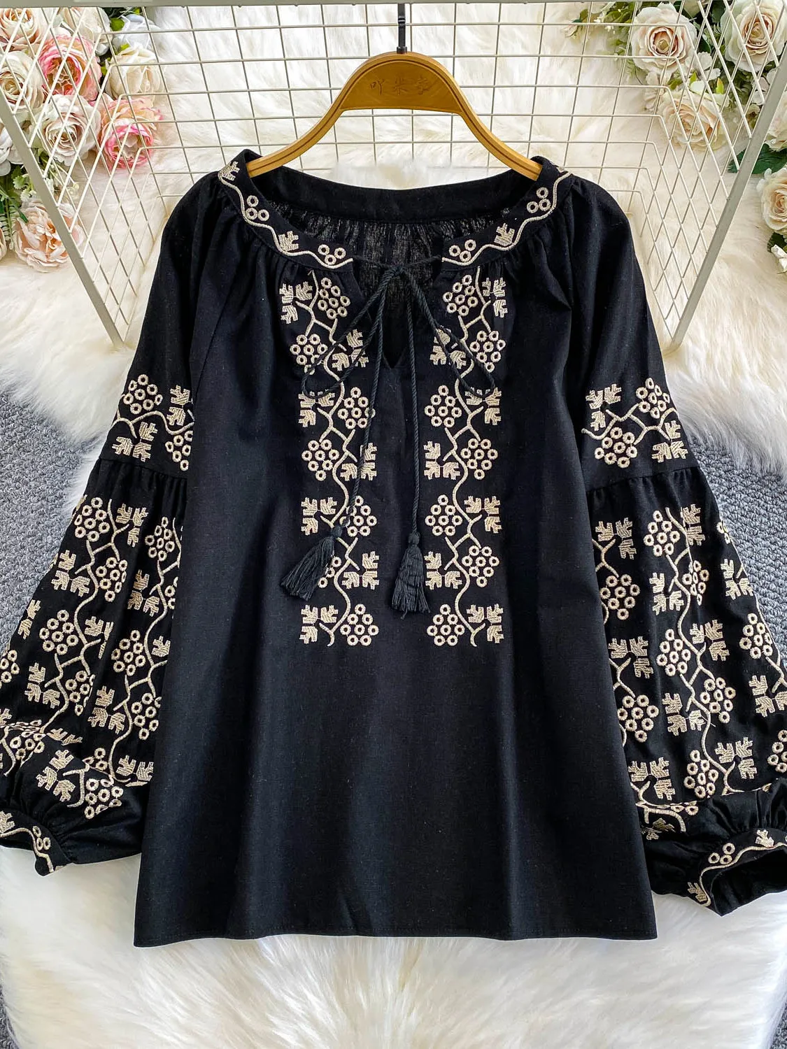 레트로 아티스틱 슬레 자수 벨티드 라운드 네 랜턴 스웨트셔츠 여성용 루즈핏 살보정 슬리밍 탑