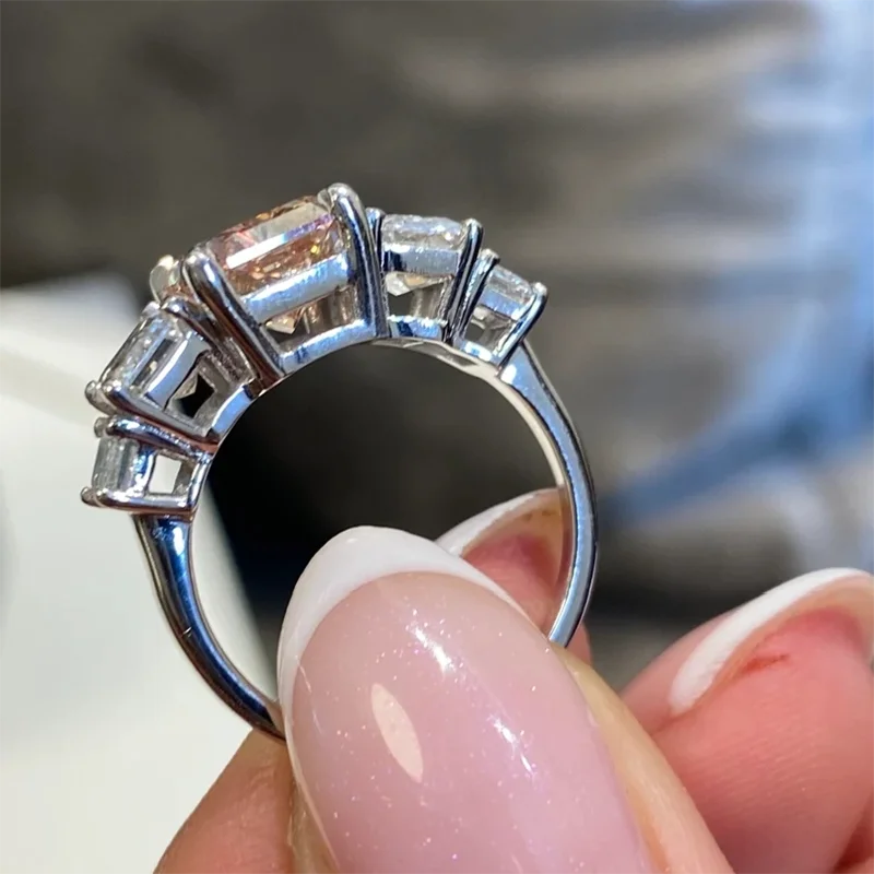 3.9Ct Radiant Cut Fancy Color Pink VS1 Clarity CVD/HPHT Lab Grown Diamond 14K Gold Five Stone Proposal Ring