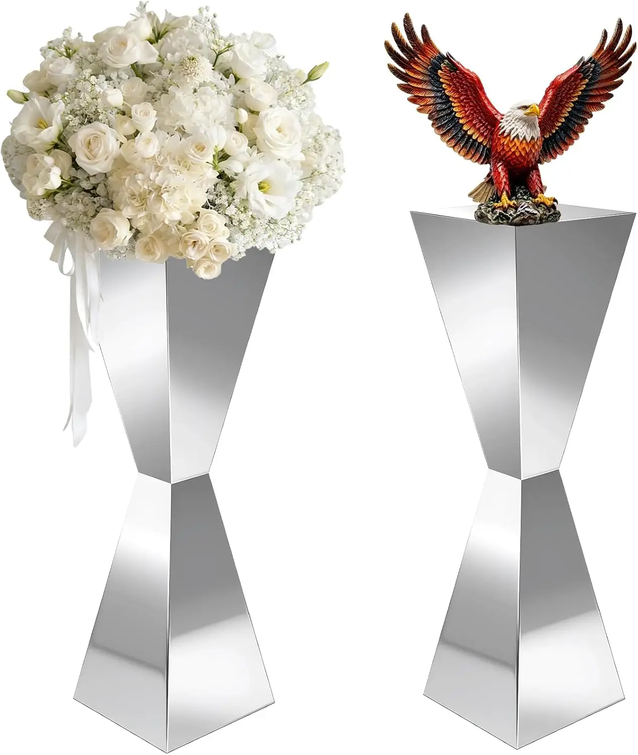 2PCS Stainless Steel Silver Vase Wedding Flower Display Stand - Geometric Centerpiece Column for Table, Aisle & Event Decor, Mir