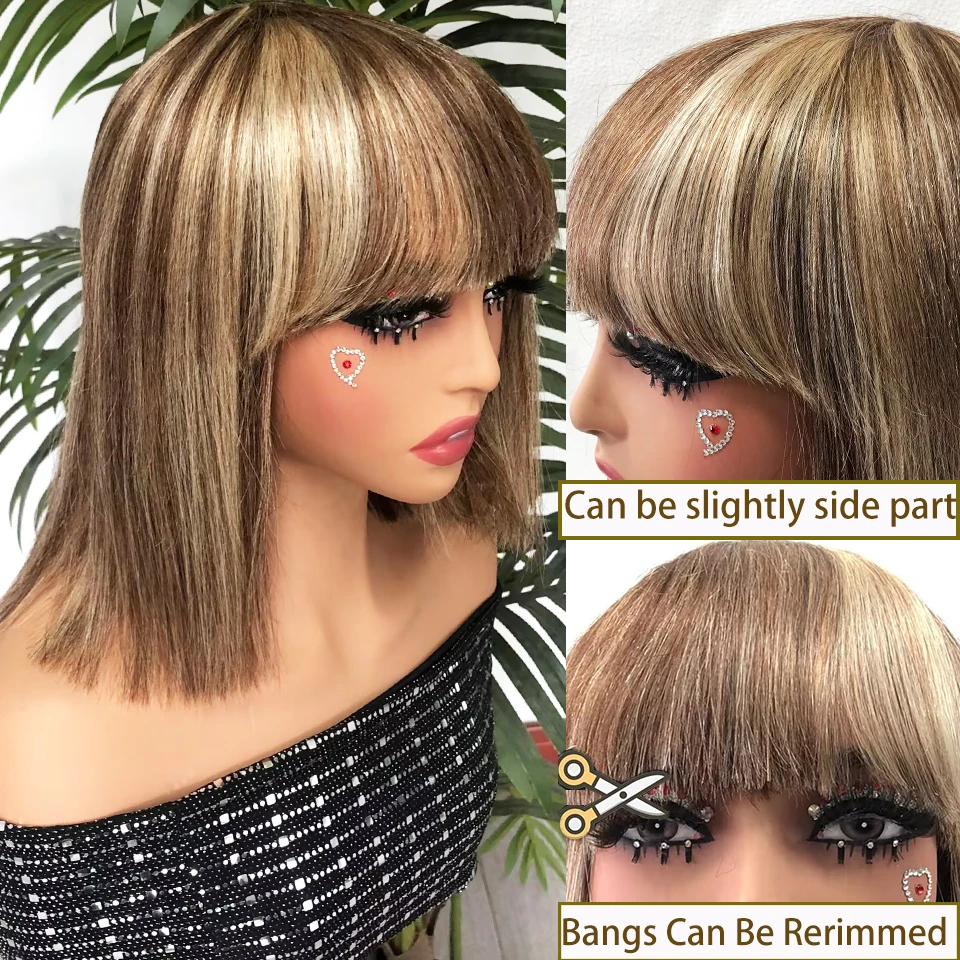 

# 4p613 Короткие парики Боб с челкой Бразильские прямые человеческие волосы Боб парики с челкой Полный машинный парик для женщин