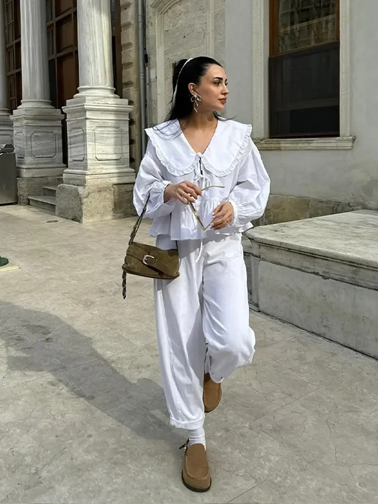 

Модные женские рубашки с кружевной отделкой и воротником Питер Пэн, весенне-летние кардиганы с длинными рукавами, элегантные и стильные блузки для женщин, уличные топы.