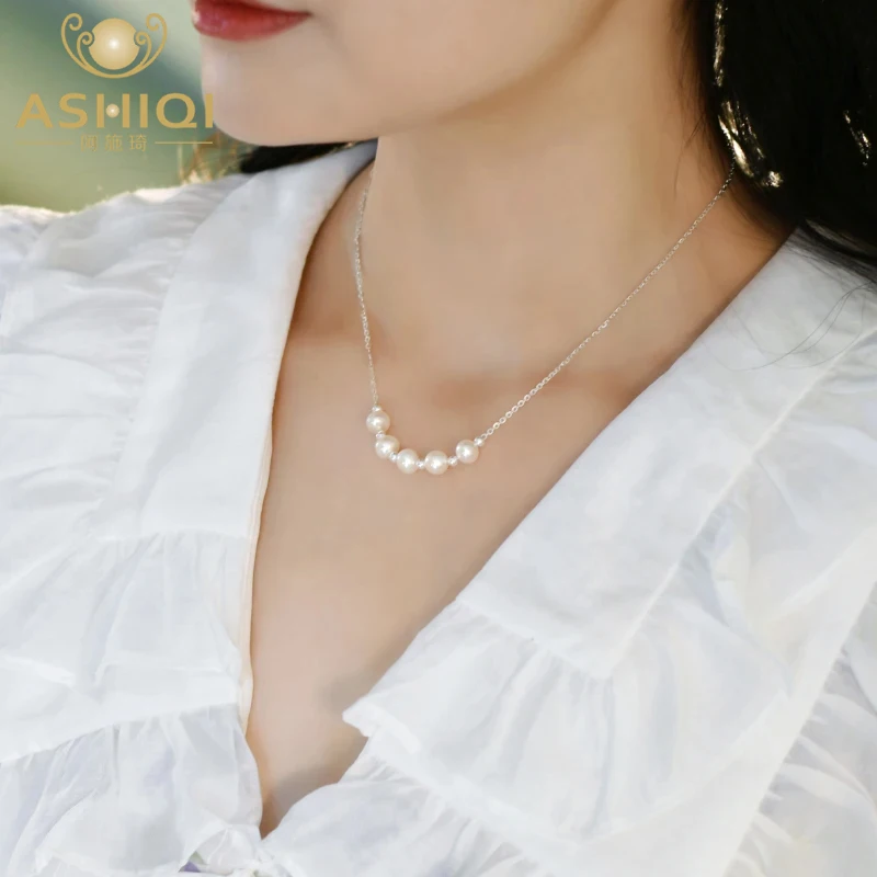 

ASHIQI Fashion Natural Freshwater Pearl 925 Sterling Silver Necklace for Women Korean Jewelry Gifts