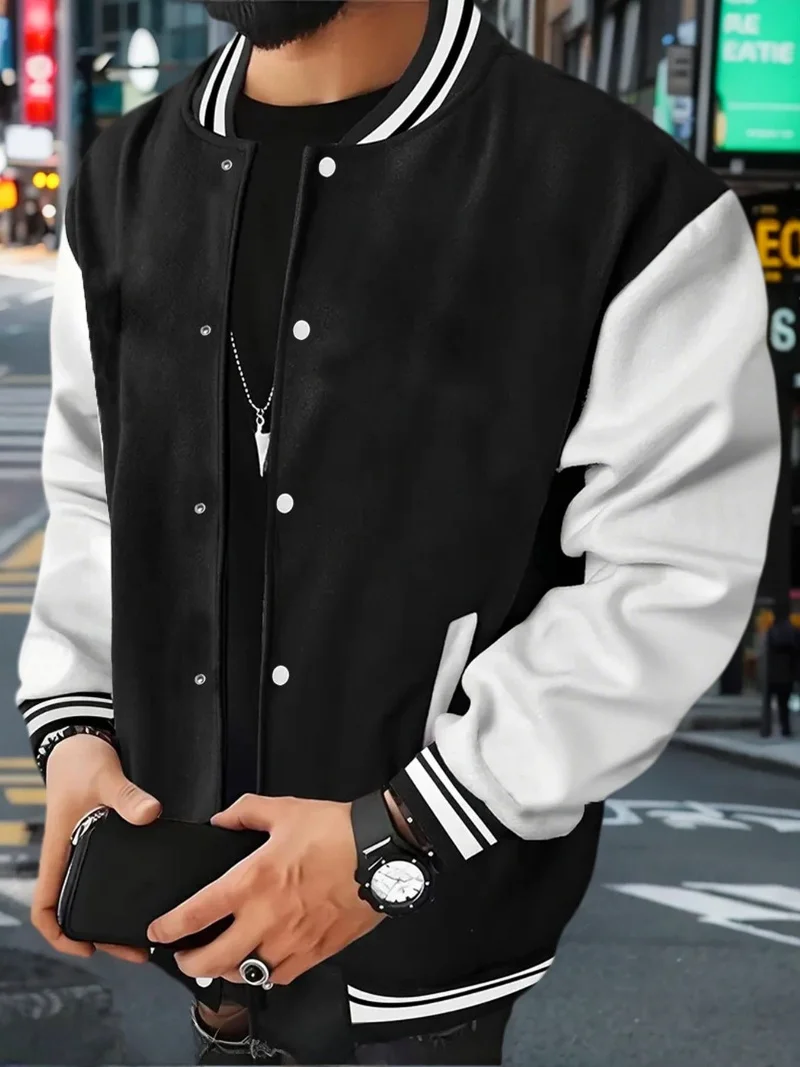 Men's Varsity Jacket Baseball Jacket Color Block Bomber Coat Snap Button Casual Streetwear Long Sleeve Outwear with Pockets