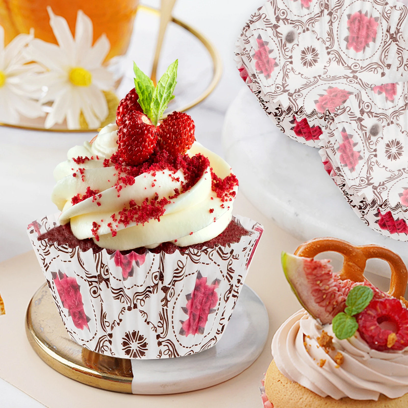 

100 Pcs Baking Cake Paper Cups White Rose Print Greaseproof Cupcake Liners Muffin Cases Holder For Home Bakery