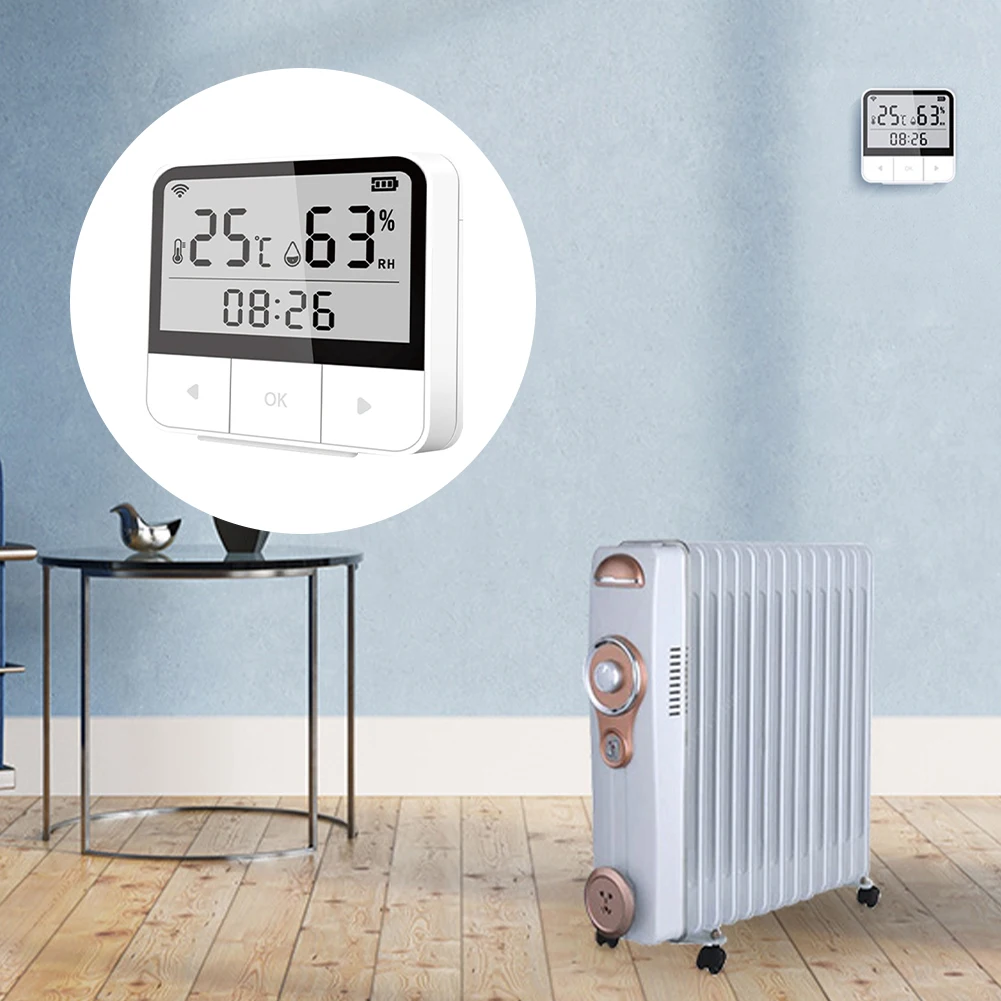 شاشة LCD عالية الدقة مستشعر درجة الحرارة والرطوبة ، غرفة نوم متينة ، واي فاي ذكي ، تعليق قائم بذاته متعدد الوظائف للداخل