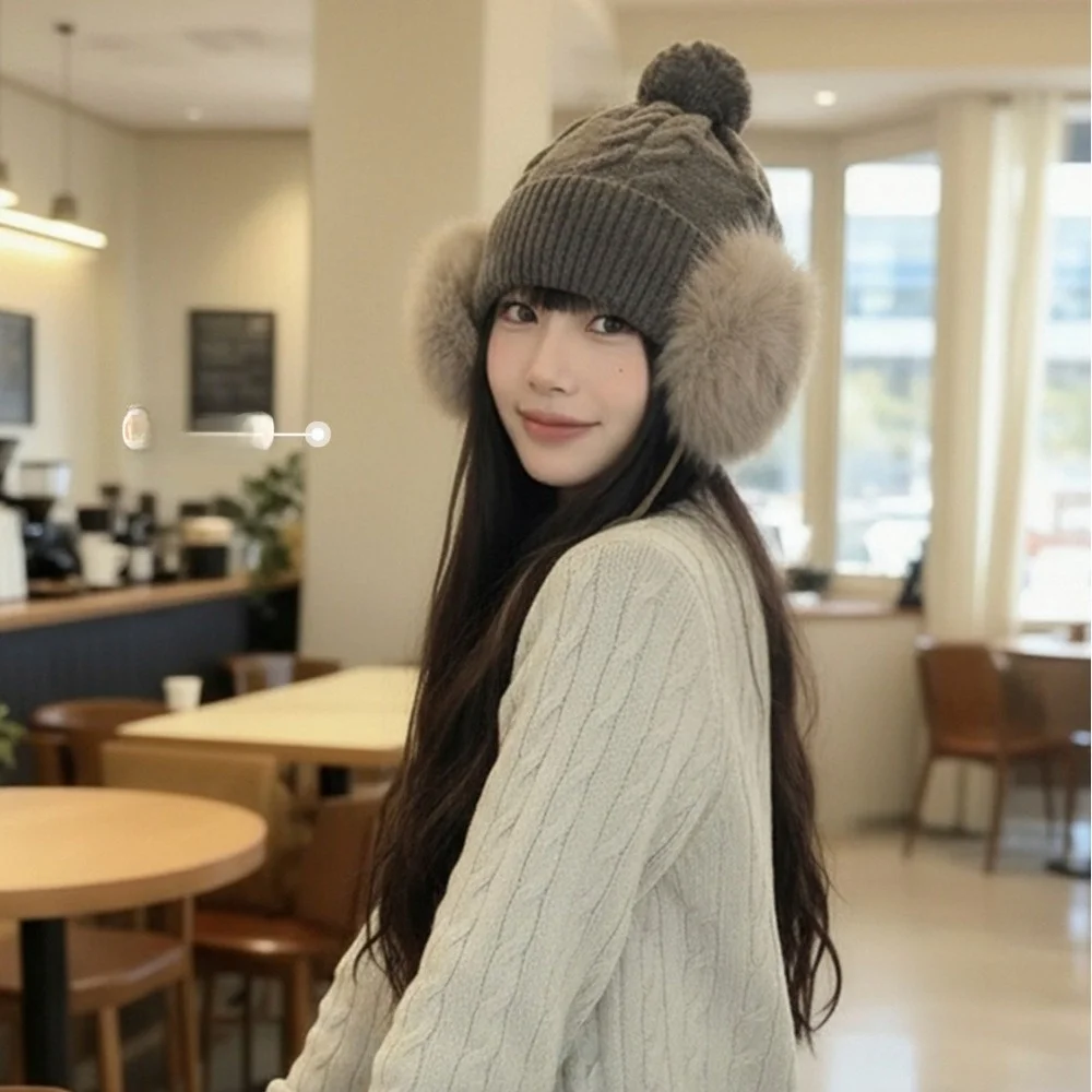 Faux Fur Ear Flaps Cable Knit Trapper Hat Large Head Circumference Face Slimming Design Pom Pom Knit Hat Pull On Style