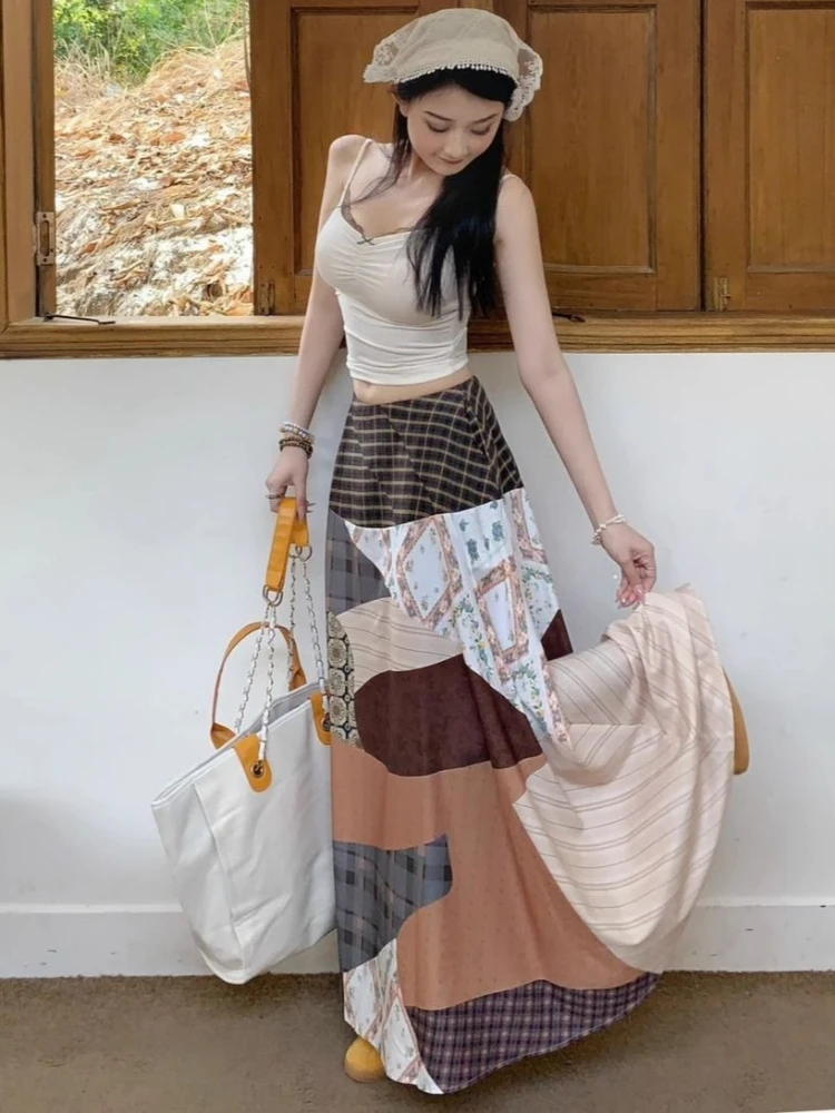 2026 Y2k Aesthetic Plaid Patchwork Skirts Womens Harajuku High Waist Pocket Vintage Skirt Streetwear A-Line Grunge Gothic Faldas