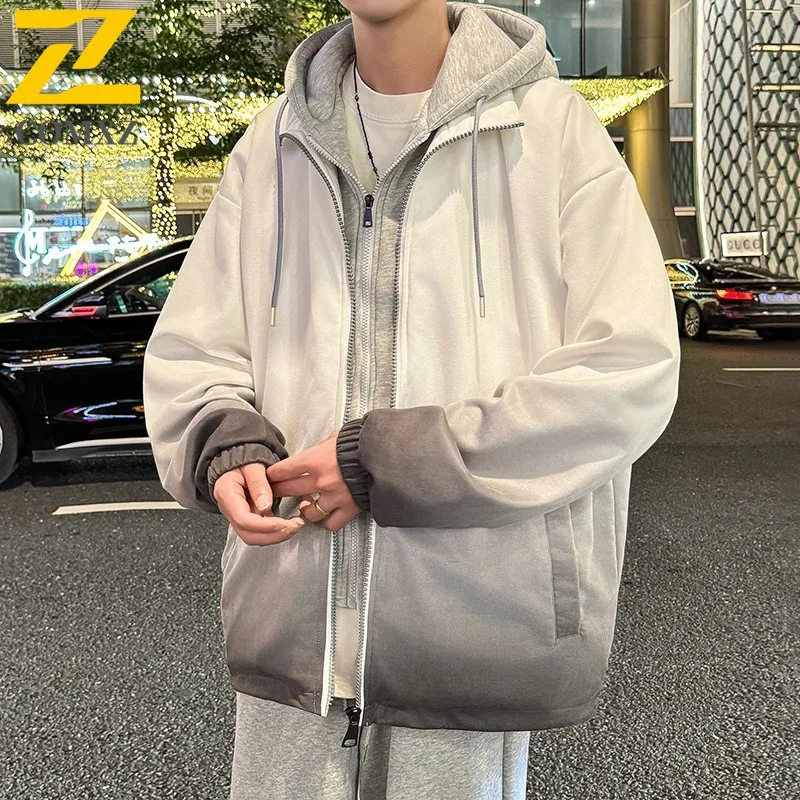 

COMXZ 2024 Spring Autumn Fake Two Piece Coat Casual Loose Hooded Jacket Fashion Color Block