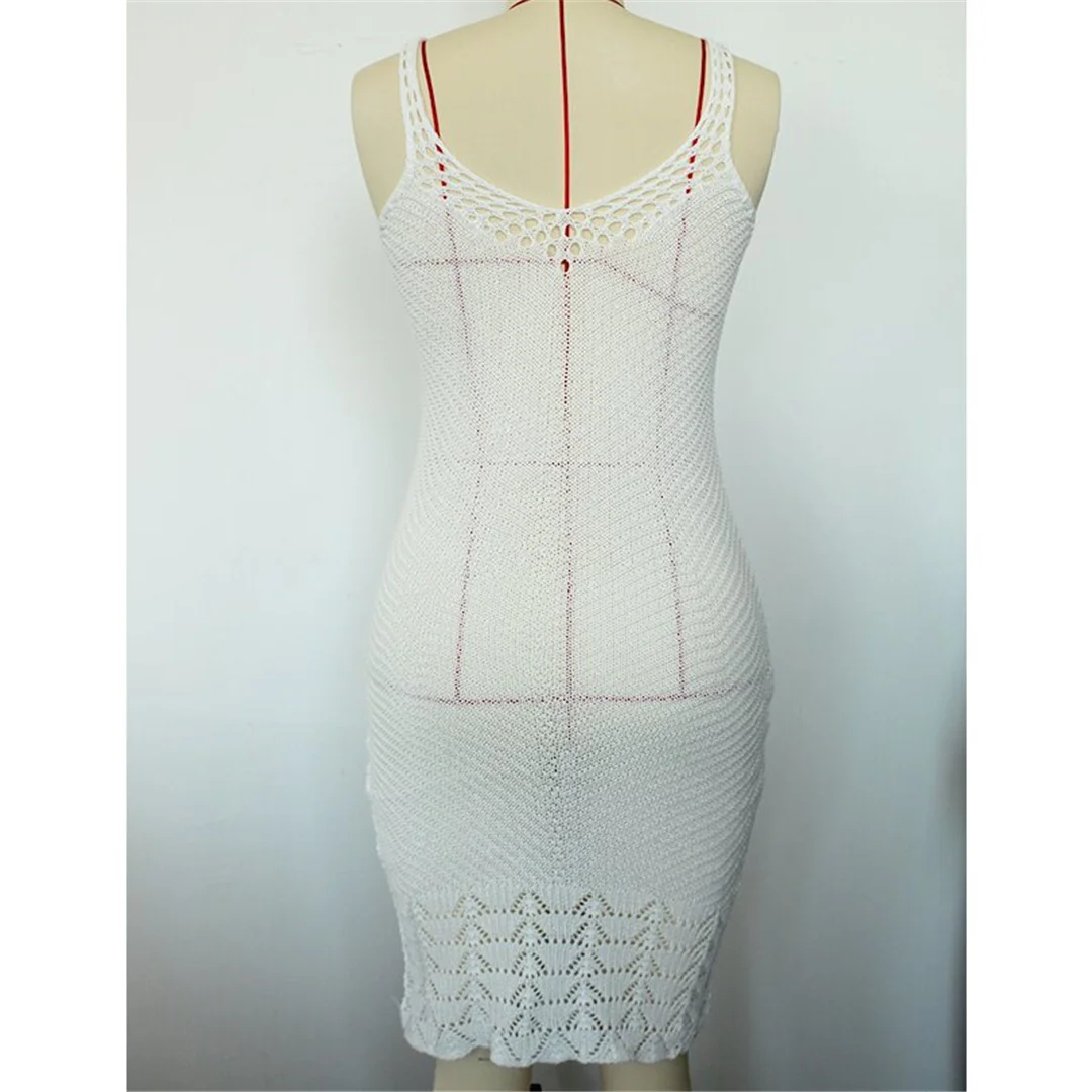 Ärmelloses, einfarbiges, gehäkeltes, gestricktes Tunika-Strandkleid, Strandkleid, Strandmode, Damen, K8578 – Detail 9