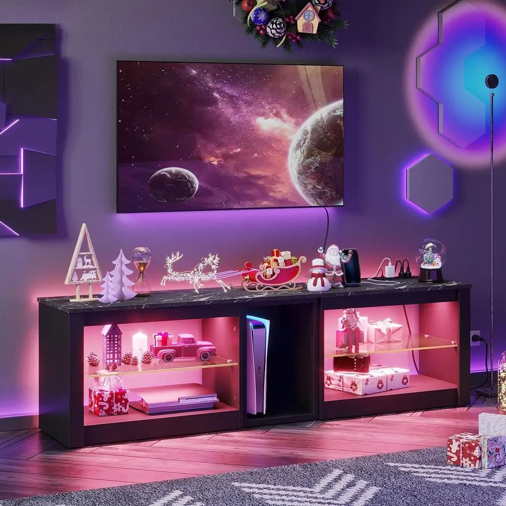 63 Black Marble TV Stand with LED Center, Power Outlets, and Glass Shelves for 70 PS5 Gaming TVs