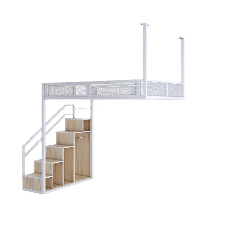 Modern simple bedroom wrought iron bed, child seat belt escalator family elevated bed, apartment wardrobe ladder iron bed