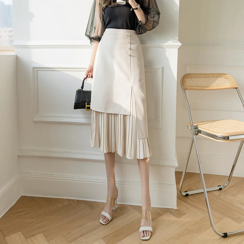 Seoulish Solid Color High Waist Women's Pleated Skirts Summer 2024 Office Lady Mid Length Patchwork Casual Skirts Female Spring