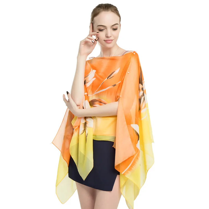 

2022 New Chiffon Printed Scarf Shawl Dual Purpose Summer Women Sunscreen Shawl Nail Buckle Imitation Silk Scarf Cloak Orange