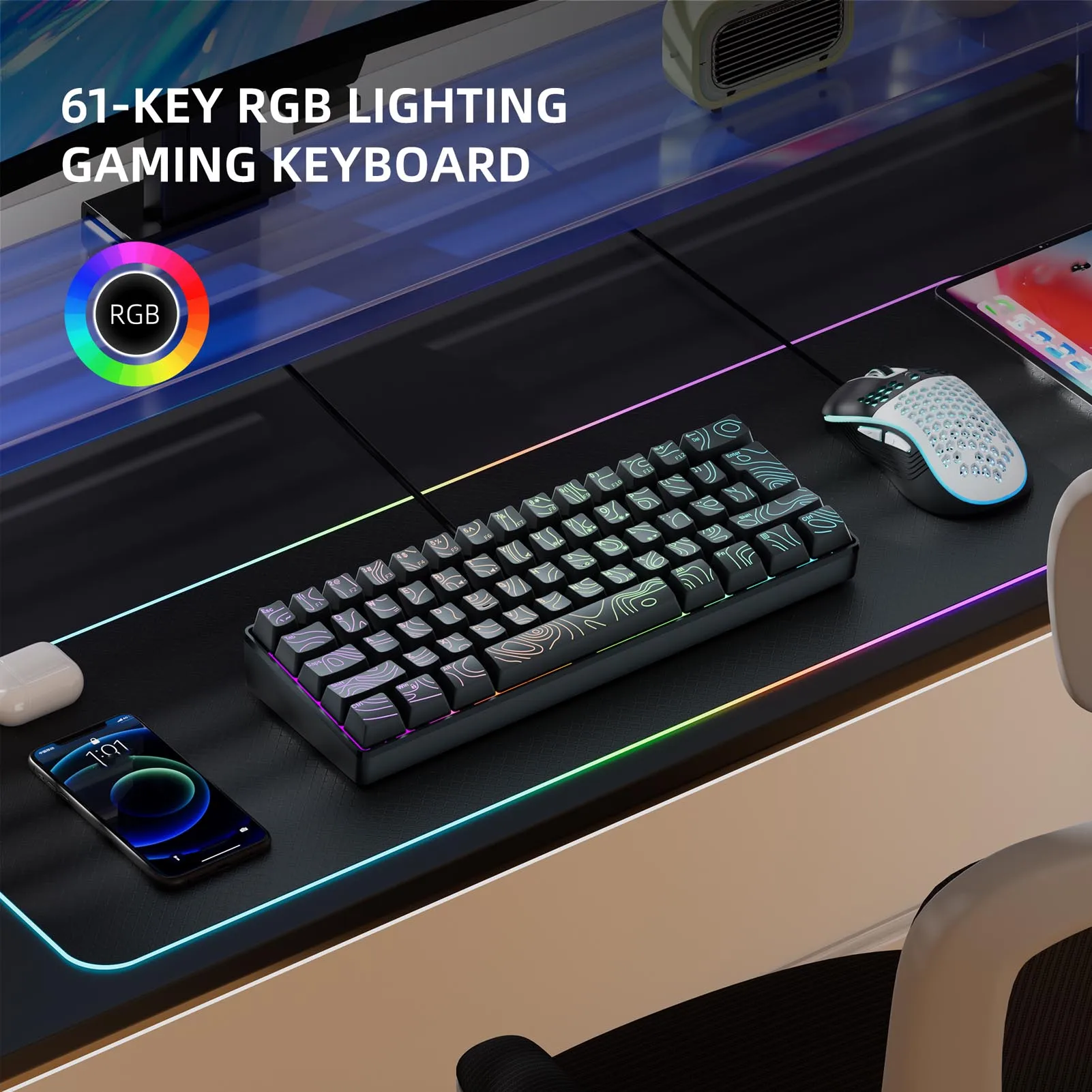 Wired Keyboard for Computer 61 Keys USB RGB N Key Rollover Contour Keycaps Membrane Keyboard for Home Office