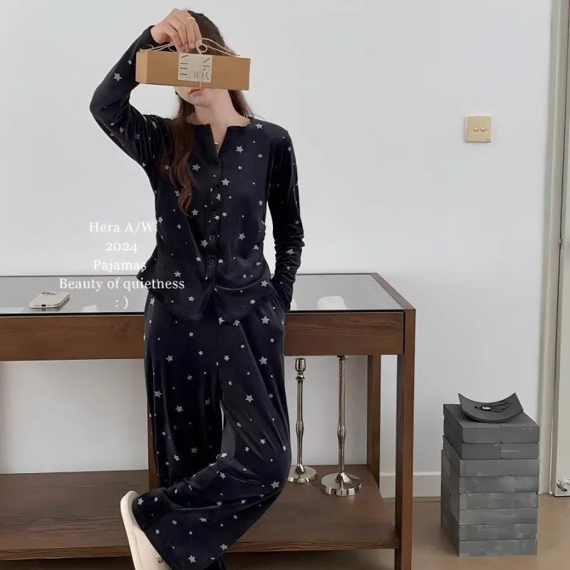 

Women's Autumn Winter Velvet Pajamas Thickened Warm Long Sleeves Pants Double Sided Polka Dot Star Design Comfort Sleepwear XL