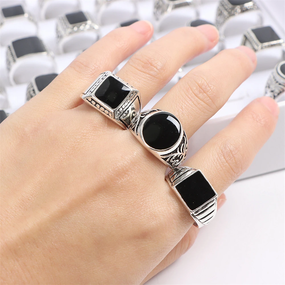 20Pcs/Lot Vintage Mix Black Enamel Geometric Square Silver Plated Rings for Men Women Retro Punk Jewelry Accessories Party Gifts