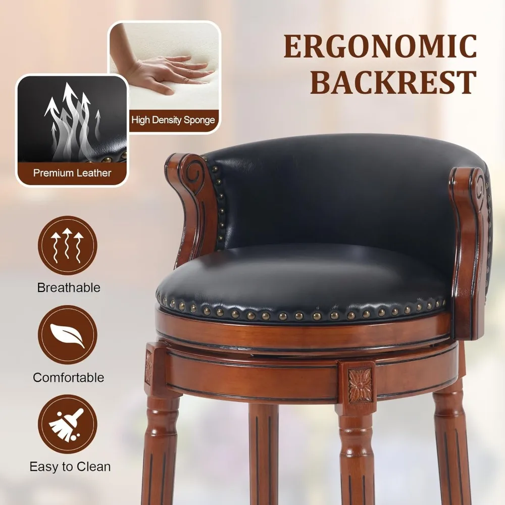 Leather-Cushioned Swivel Bar Stools with Backrest and Footrest, Rubberwood Counter Height for Home and Kitchen Use
