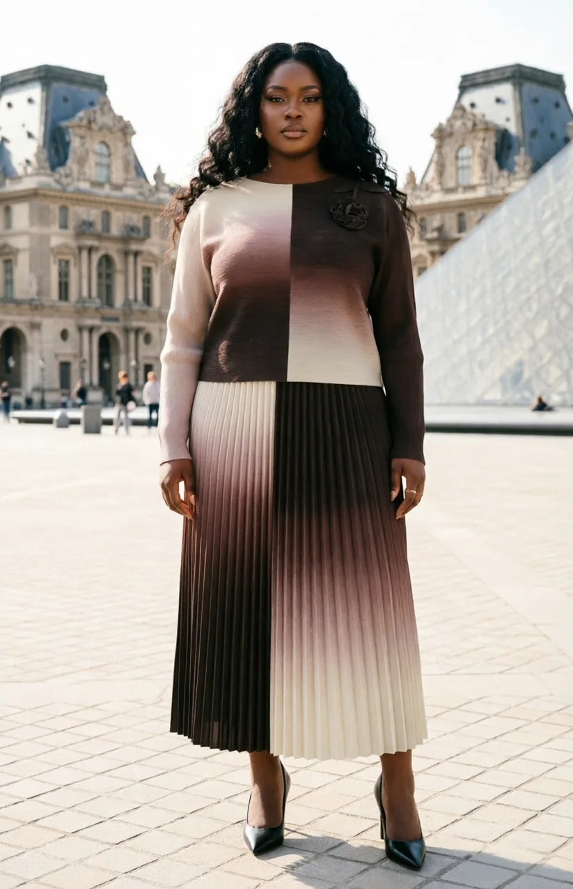 

Miyake Pleated Loose Suit Fashionable and Elegant Gradual Change Contrasting Color Loose Skirt Two-piece Women Clothing 2026 New