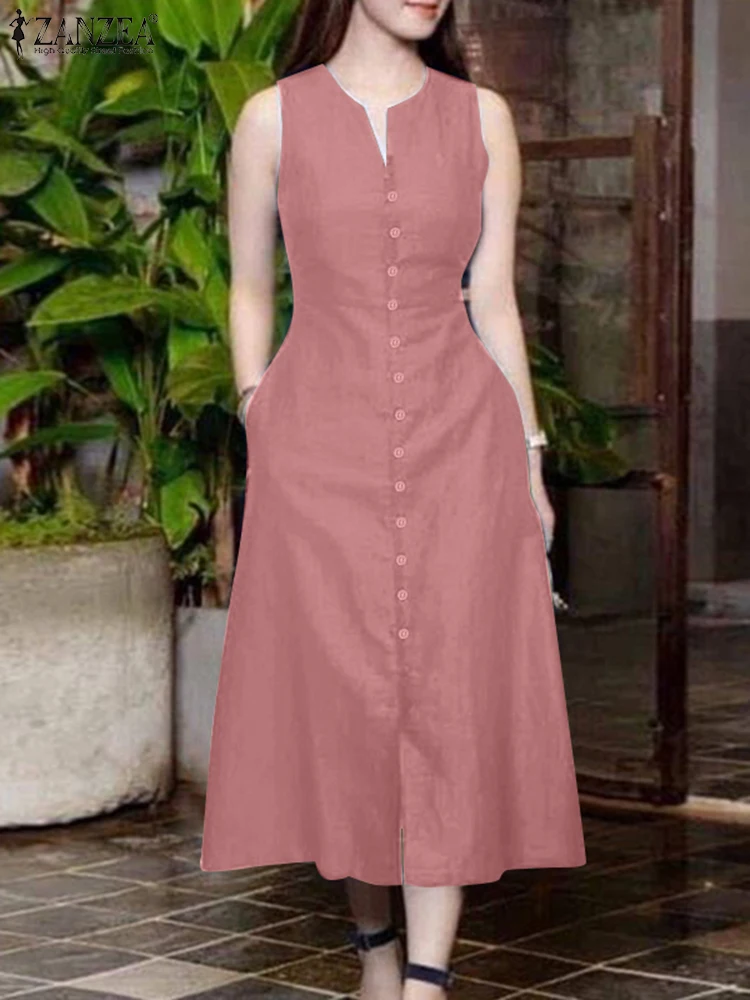 ZANZEA Stylowa Letnia Sukienka na Lato 2025 Damska Elegancka Sukienka do Pracy Jednolita Dekolt V Bez Rękawów Sukienka Midi na Wakacje Vestidos Robe Femme