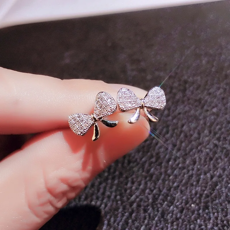 Fashion Lovely Pure 925 Sterling Silver Bow Earrings Shiny Zircon Bowknot Stud Earrings Pendientes Boucles D'oreilles Oorbellen