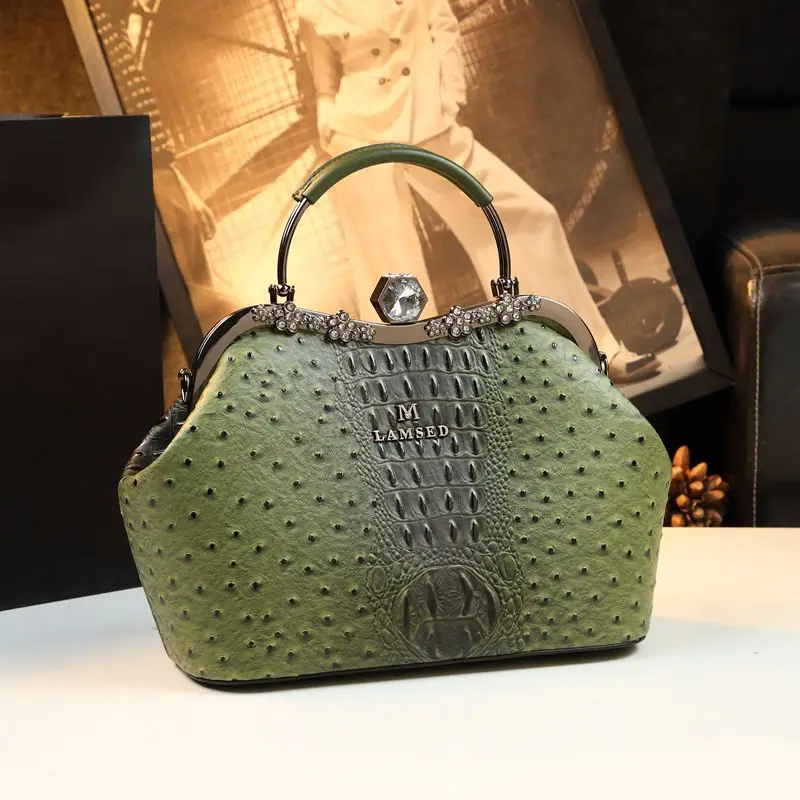 Designerska skórzana torba damska z nadrukiem strusia Luksusowa moda damska torebki na ramię Diamentowa klamra Przenośne torby na ramię Crossbody