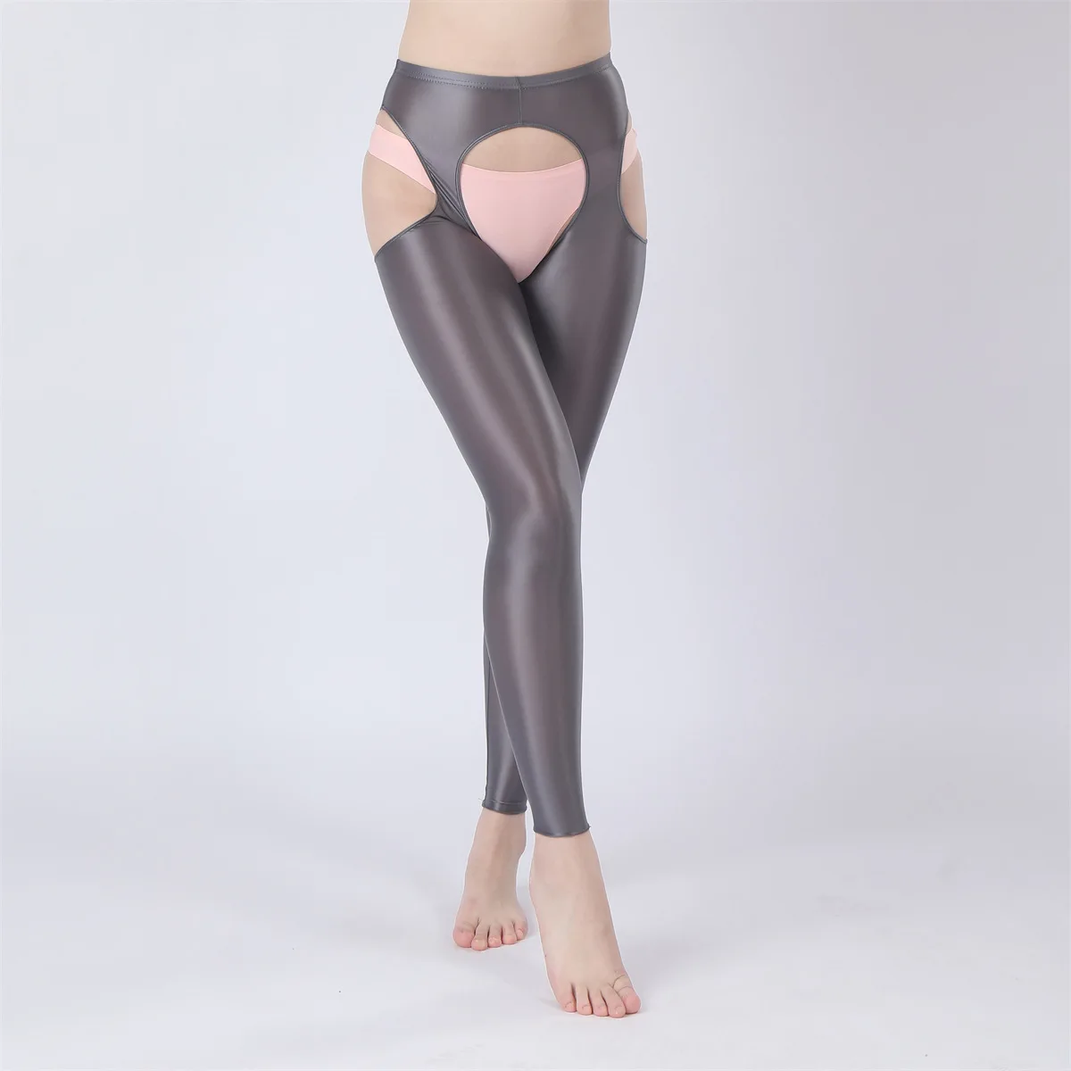 

Масляные блестящие четырехсторонние леггинсы с полым низом, глянцевые шелковистые дышащие облегающие колготки с открытой промежностью, эластичные брюки до щиколотки с высокой талией