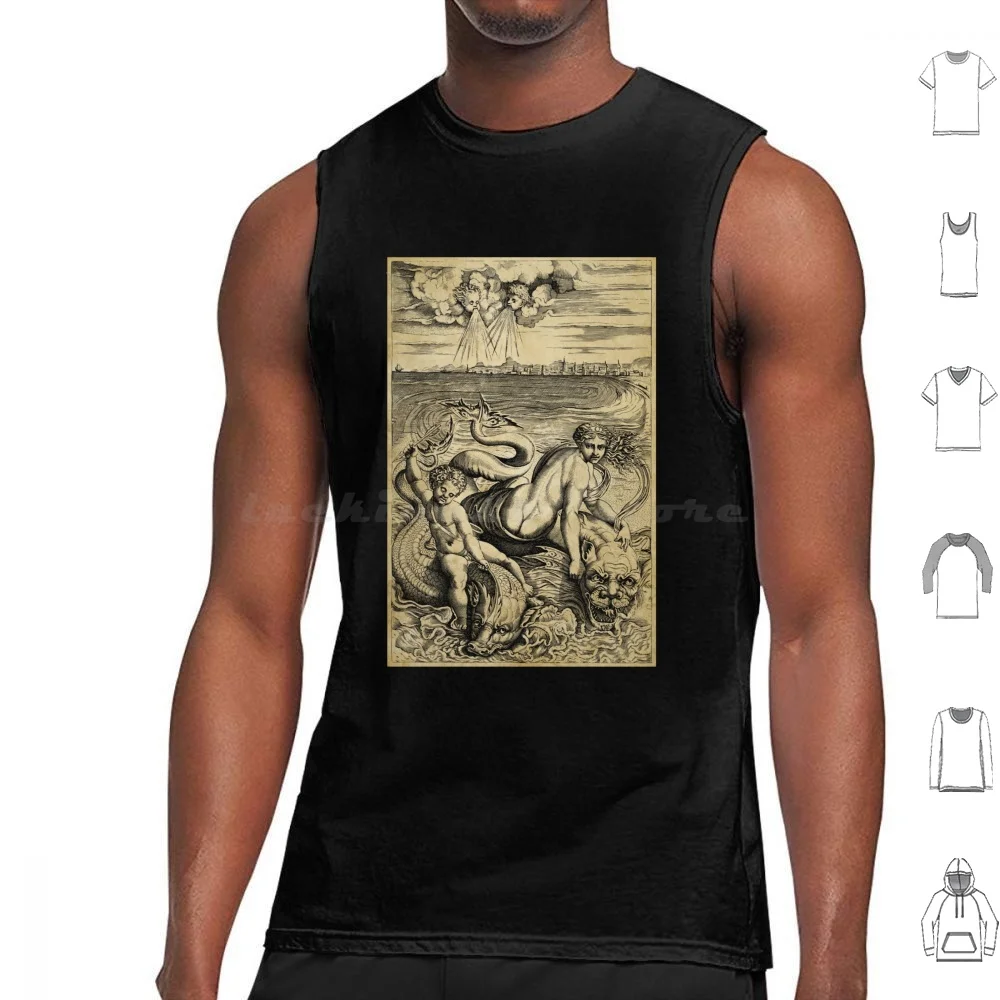 Vintage Print Of Venus And Cupid Riding Two Sea Monsters. Tank Tops Print Cotton Sea Monster Kracken Giant Squid Octopus