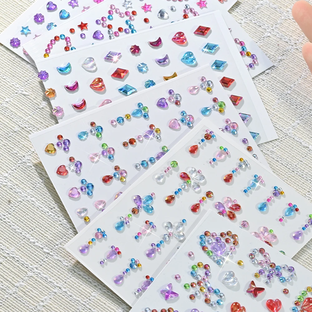 6 Stück/Set 5D gemischte bunte Diamant-Gesichtsstein-Aufkleber, glitzernde Sterne/Herzen/Blumen/Tropfen-Design-Strass für Augen/Gesichtsaufkleber – Detail 8