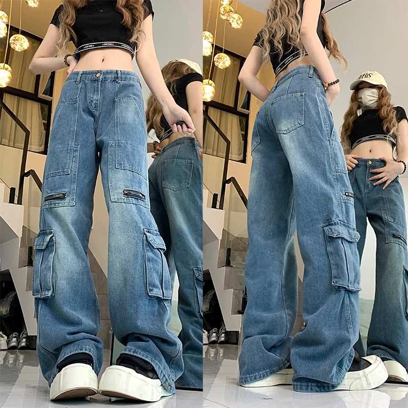 

Woman American Streetwear Vintage Cargo Jeans Femalet High Waist Oversized Wide Leg Pants Girls High Stree Blue Denim Trousers