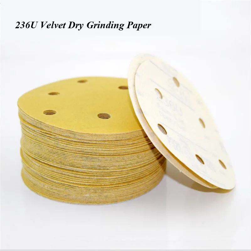 100pcs Yellow 236U 5 inch 6 hole 236U velvet dry sandpaper Pulled Sand Plate Paper Grit#80~#400 D125mm round grinding sandpaper