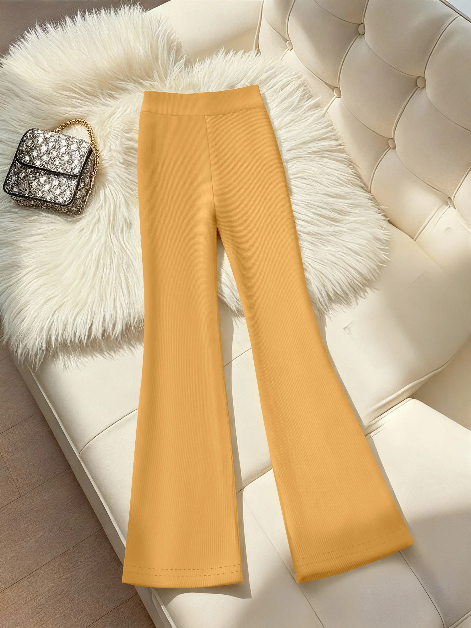 Vintage Y2K Ribbed Flare Pants for Ladies, High Waist Seamless Stretchy Trousers, Soft Rib Knit Bottoms Street & Office Outfits