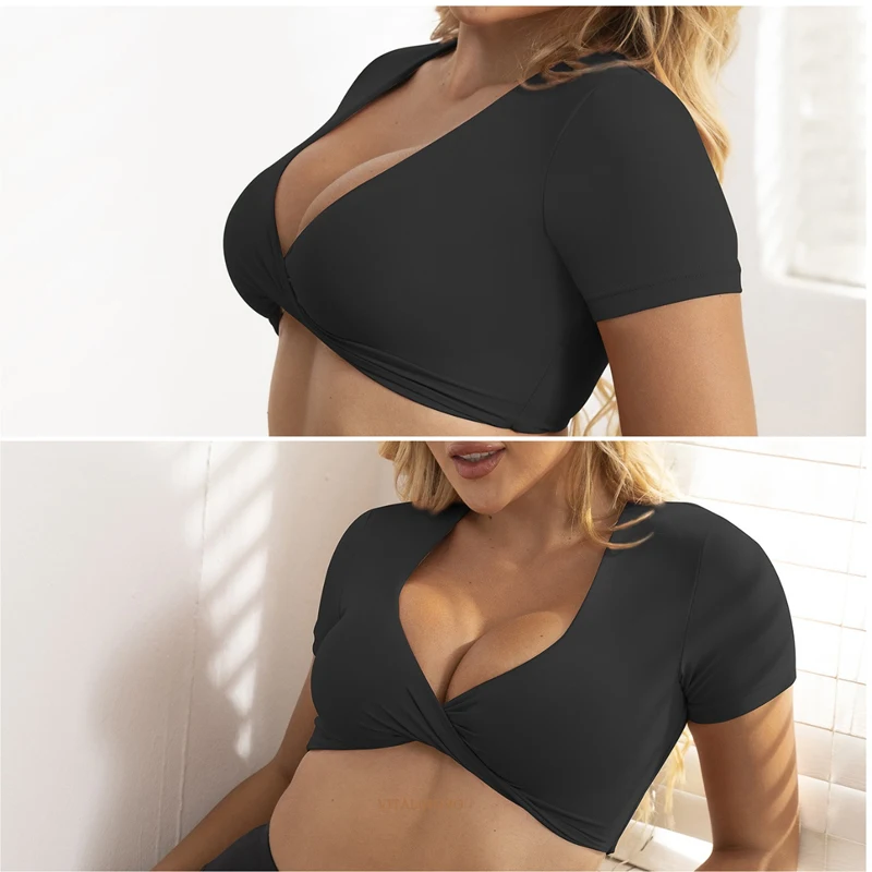 Vital inovo Kurzarm Crop Tops für Frauen Twist Front Crop Tank Top Yoga Laufen gepolsterte Sport-BH Casual Shirts Workout Tops – Detail 6