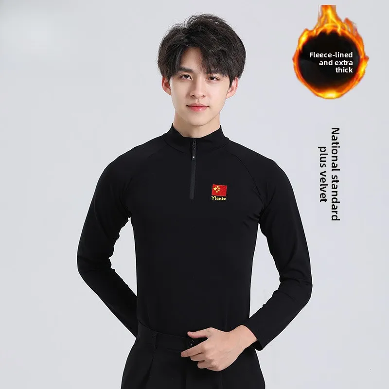 New Autumn Winter Men's Latin Dance Long Sleeve Top with Fleece Lining Perfect for Dance Practice Ballroom Standard Dancing