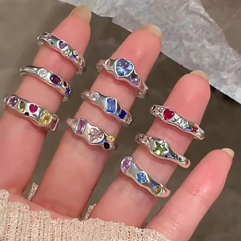 Kpop Colorful Zircon Star Rings for Women Irregular Metal Ring Retro Index Finger Aesthetic Jewelry Hip Hop Girls Accessories