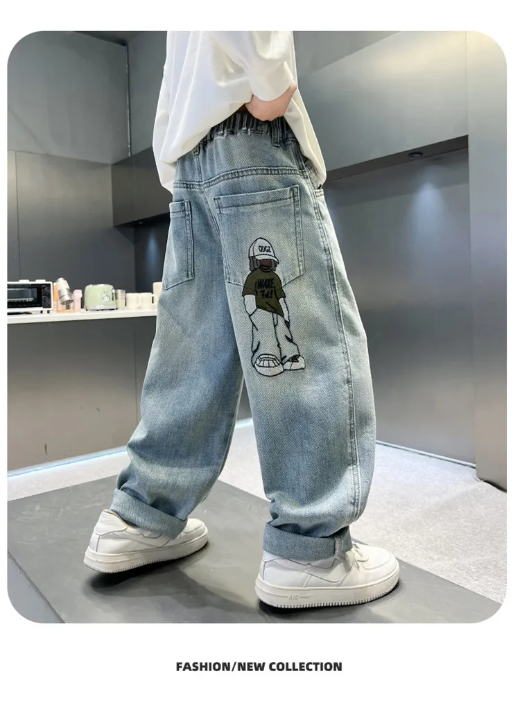 Neues Design: Baggy-Jeans für Teenager-Jungen, lässiger, lockerer Stil, Cartoon-Denim-Hosen, elegante, gerade geschnittene Jeanshosen für Kinder. – Detail 6