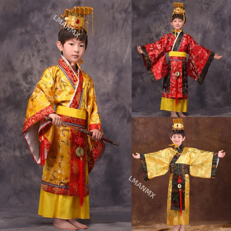 kind chinese traditionele hanfu jurk mannen jongens keizer koning Podium rode Kleding kinderen kostuums tang pak kinderen gewaad + hoed sets