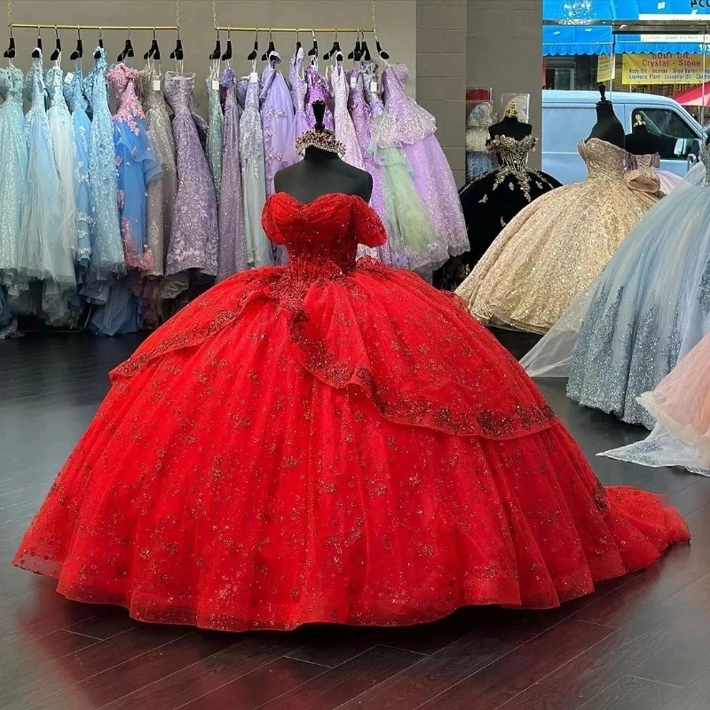 

Luxury Red Quinceanera Dresses Off The Shoulder 2024 Appliqued Lace Beads Girl Vestidos De 15 Años Quinceañeras