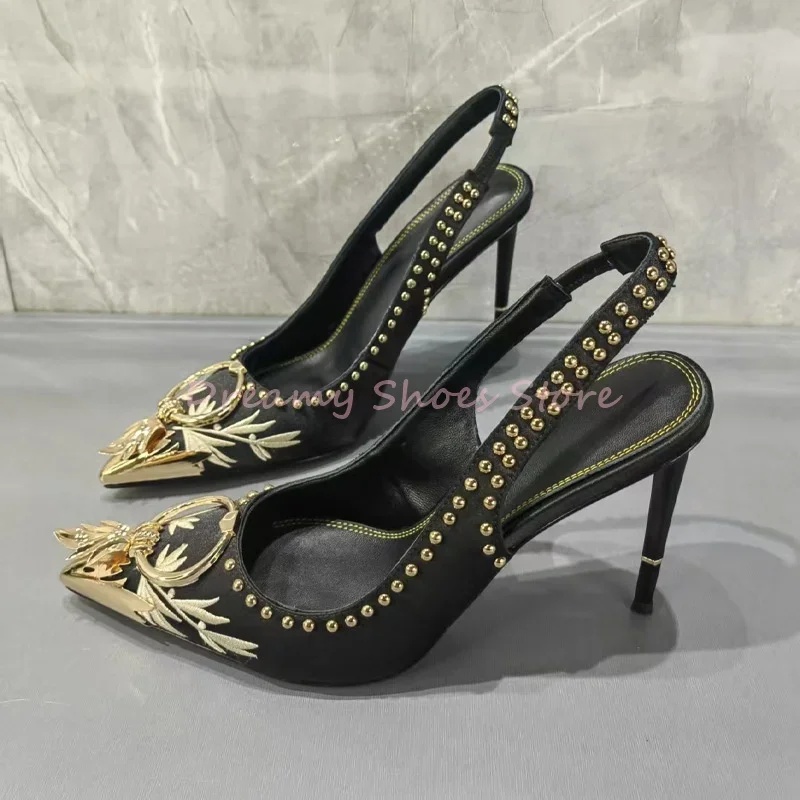 

Green Embroider Suede Pointed High Heels Women Metal Decor Hollow Stiletto Pumps Sexy Fashion Trendy Party Banquet Ladies Shoes