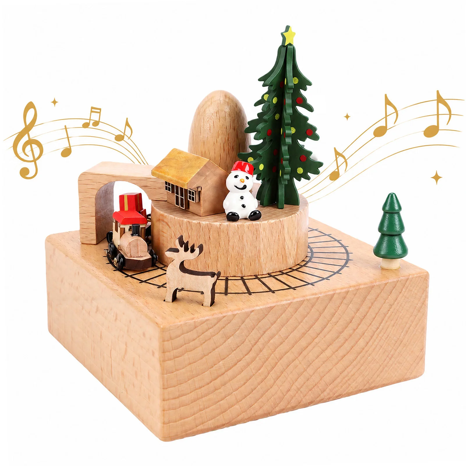 Mechanical Music Box Xmas  Decor Wooden Musical Ornament Hand Crank Wind Up Beech Wood Gift No Battery Needed Adult Desk