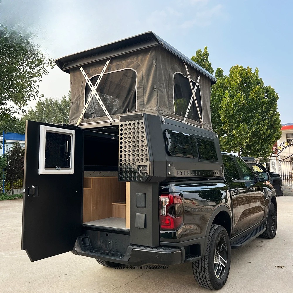 Heavy Duty Fiberglass/Aluminum Hard Shell Pop Top Truck Bed Camper for Short Bed Pickups Expandable Sleeping Area Roof System