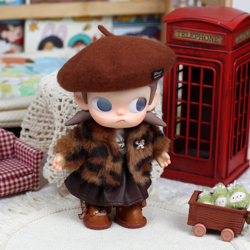 

For Zsiga Doll Clothes Leopard Print Mink Fur Coat Winter Outfit Beret Skirt Set For One Eighth Action Figure 20 Cm Plush Doll
