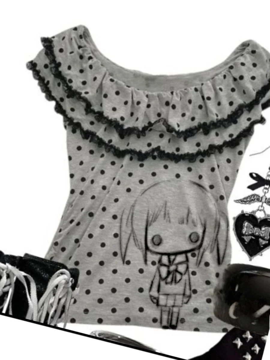 Japanese Style Girlish Blouse Sleeveless Polka Dot Ruffle Shoulder T-Shirt Women's Summer Moisture Wicking Short Sleeve round...